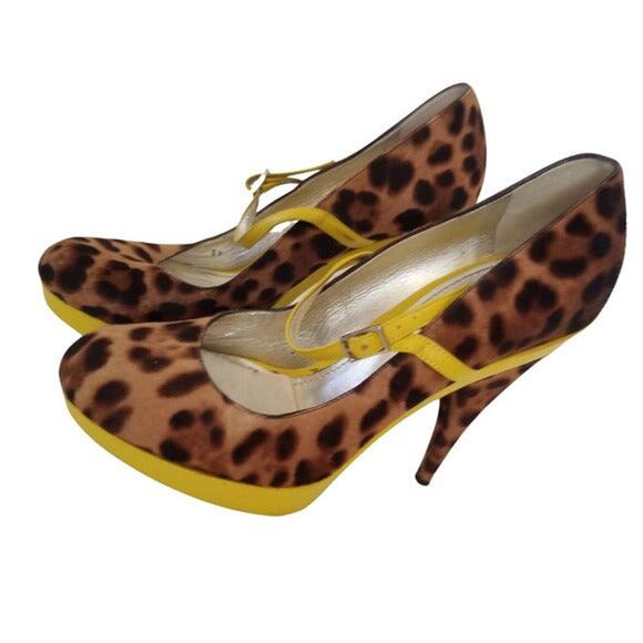 DOLCE & GABBANA Cheetah Platform Heels Yellow Trim Stilettos Size 8.5 - Picture 2 of 10